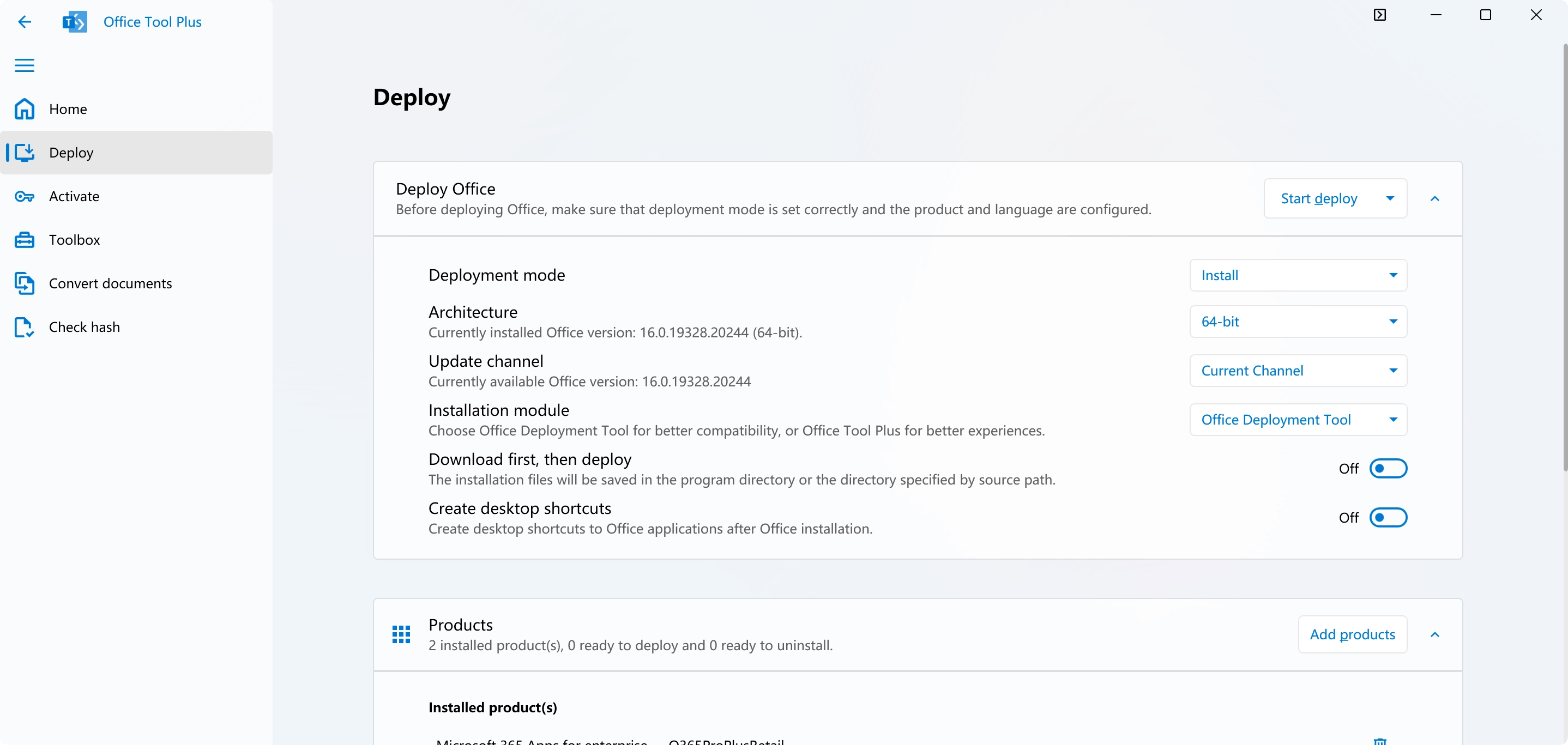 Screenshot about Office Tool Plus Deploy page